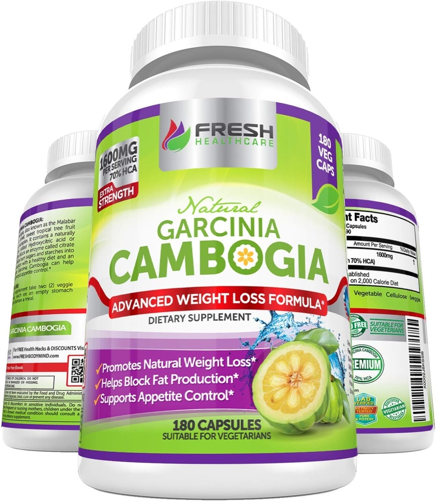 FRESH ΥΓΕΙΑ 100% Pure Garcinia Cambogia Extract - Όλα τα φυσικά Ορεκτικά Καταπιεστική & Βάρος Υποστήριξη Διαχείρισης - 180 Κάψουλες
