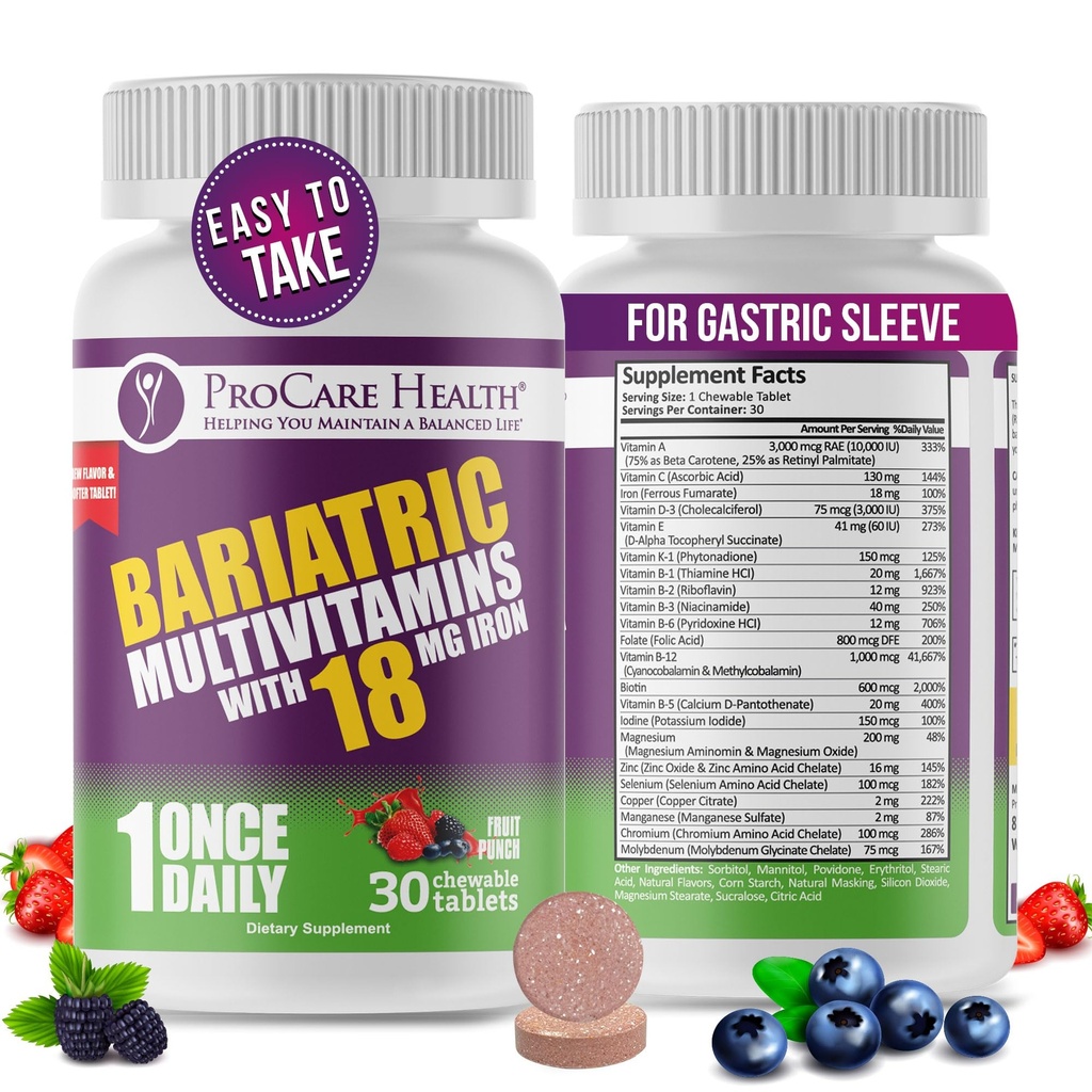 ProCare Health Bariatric μασώμενη πολυβιταμίνη με σίδηρο 18mg (30 δισκία) - Φρούτο Punch Γεύση Μπαριατρική Πολυβιταμίνη Μασώμενο για γαστρική παράκαμψη & μανικιούρ Γαστρεκτομή Ασθενείς * (1 Μήνας Προμήθεια)