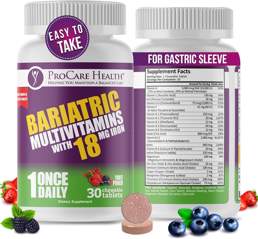 ProCare Health Bariatric Chewable Multivitamin with Iron 18 mg (30 Tablet) - Zehirli Meyve Sarvor Bariatric Multivitamin Chewable for Gastrik Bypass & Kol Gaztrektomi Hastaları * (1 Ay Supply)