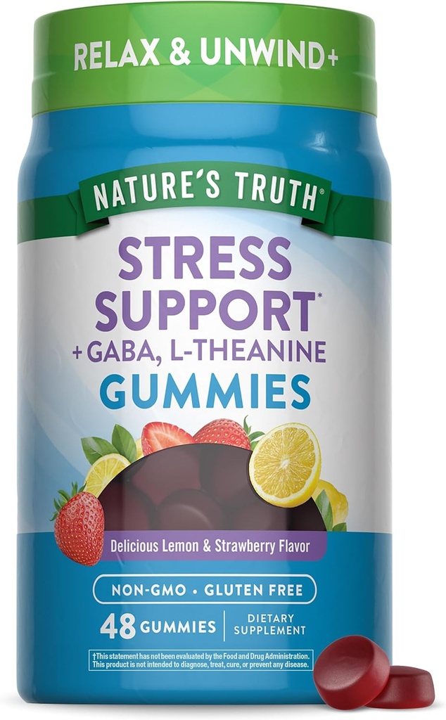 Doğanın Gerçek Stresi Yetişkinler için Gummies | Gaba, L Theanine ve Lemon Balm | Lemon Strawberry Flavor | Non-GMO & Gluten Free Supplement Supplement Supplement