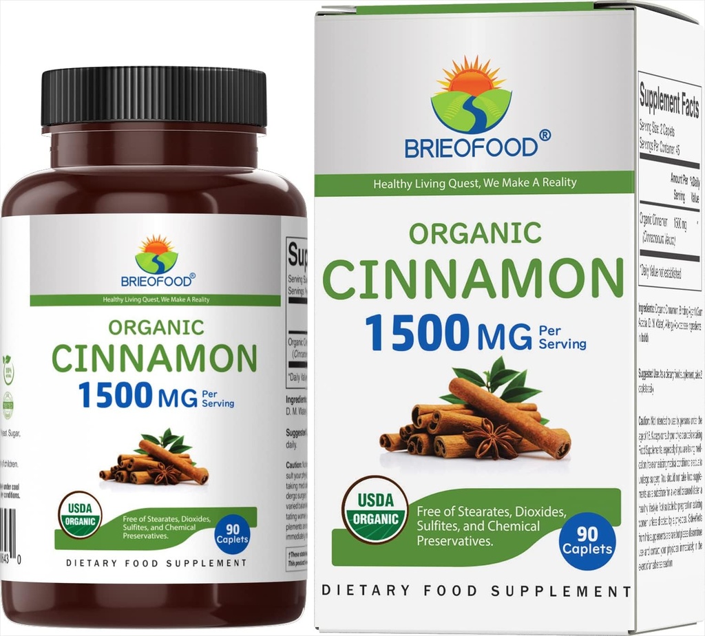 Brieofood Organic Cinnamon 1500 mg, 45 Hizmet, Vejetary, Gluten Free, 90 Vegetarian Tablets