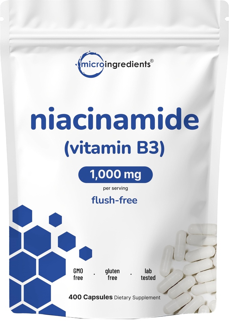 B3 Niacinamid 500 mg Per Capsule, 400 Capsules | 1.000 mg Flush Free Niacin Per Servis, Essential B Vitamin Tamam | Skin Care Health & Energy Support | Non-GMO, Gluten Free