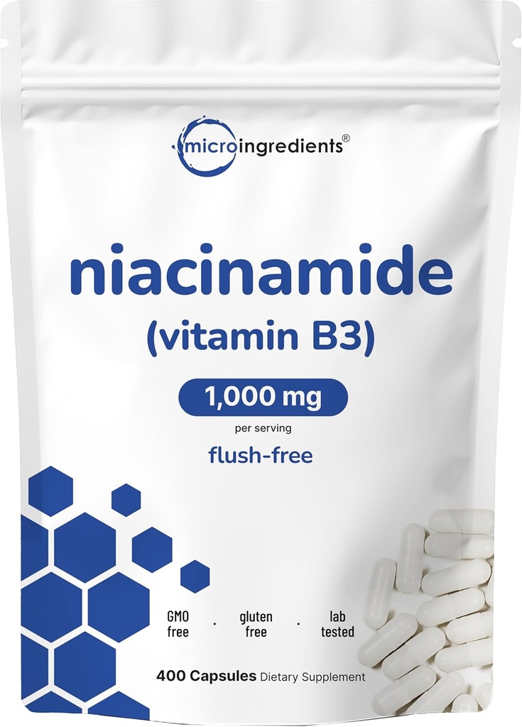B3 Niacinamid 500 mg Per Capsule, 400 Capsules | 1.000 mg Flush Free Niacin Per Servis, Essential B Vitamin Tamam | Skin Care Health & Energy Support | Non-GMO, Gluten Free