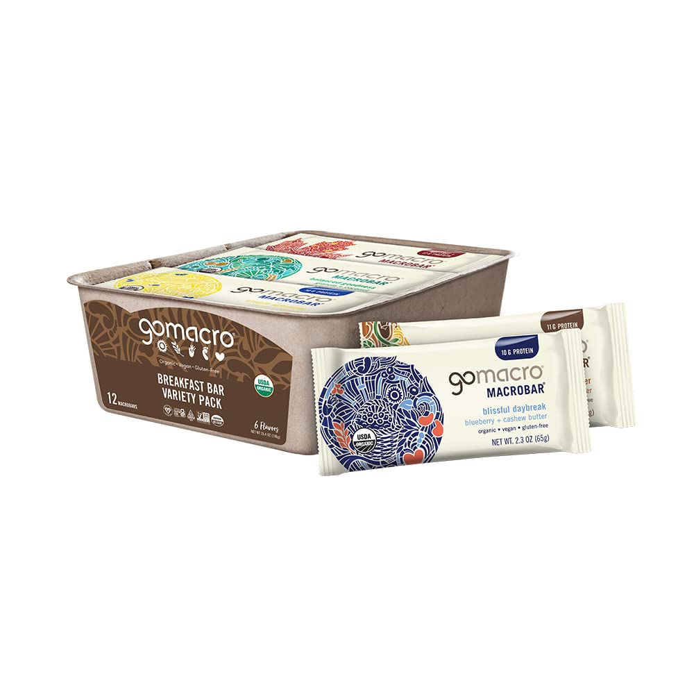 GoMacro Macrobar Organik Vegan Protein Barlar, Kahvaltı Çeşitli Paketi, 12 Kont