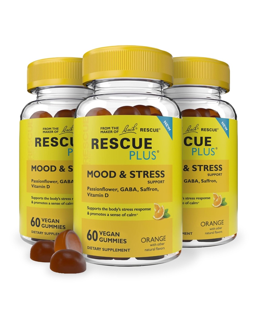 RESCUE Bach Plus Mood & Stress Support Gummies, Daytime Diyetary Supplement with Passionflower, GABA, Saffron & Vitamin D, Natural Orange Flavor, Vegan & Gluten-Free, 3 Pack, 180 Count Total