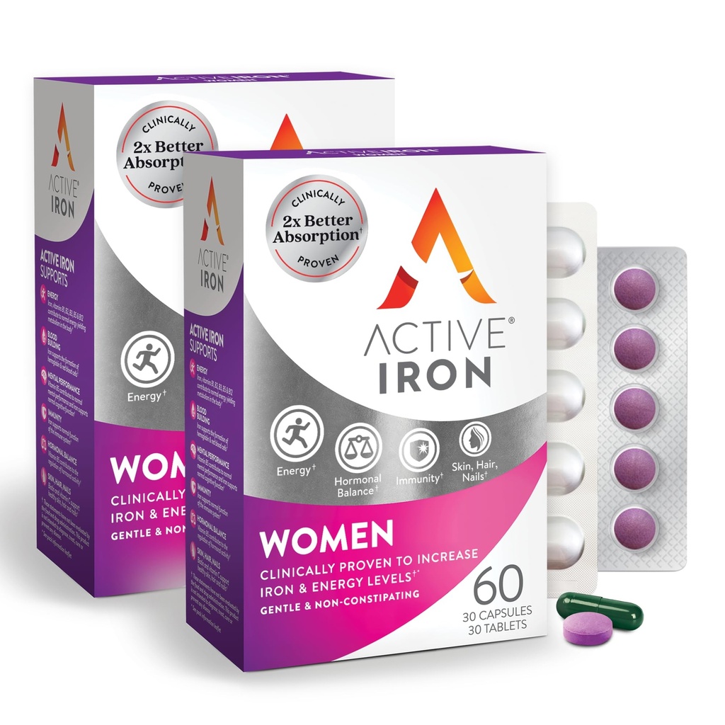 Active Iron Supplement 25mg + Multivitamin for Women – Clinically Proven to Increase Energy & Reduce Tiredness – Gentle, Non-Constipating Iron + Women’s Multivitamin – 60 Capsules + 60 Tablets