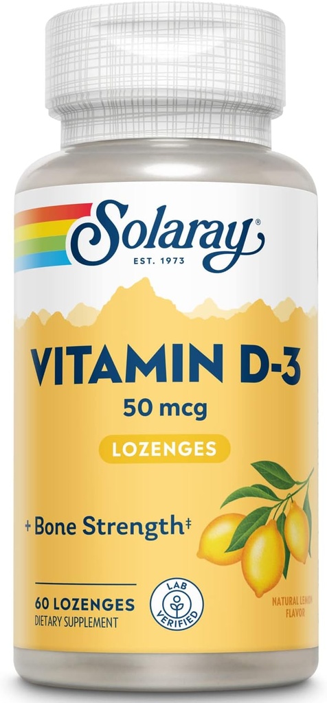SOLARAY Vitamin D3 Lozenges 50 Telefon - 2000IU D3 Vitamin - Güçlü Bones, Muscle and Immune Support - Natural Lemon Flavor - Lab TY, 60 Günlük Garanti - 60 Hizmet, 60 Lozenges