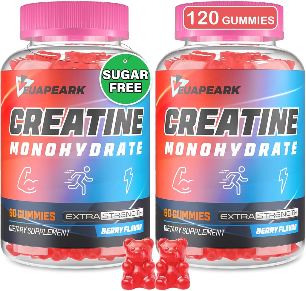 Kretine Monohidrat Gummies, Pre-Workout Chewables Supplement for Women and Men, Kre, Strength, Endurance & Energy, Vegan (Berry, 120 Gummies)