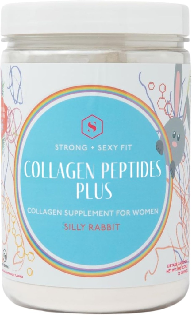 Strong + sexy Fit Collagen Peptides Plus σκόνη με υαλουρονικό οξύ και βιταμίνη C, γυναικεία μαλλιά, δέρμα, νύχια και κοινό συμπλήρωμα υποστήριξης, χόρτο Fed Bovine Collagen, Silly Rabbit, 20-40 SVG
