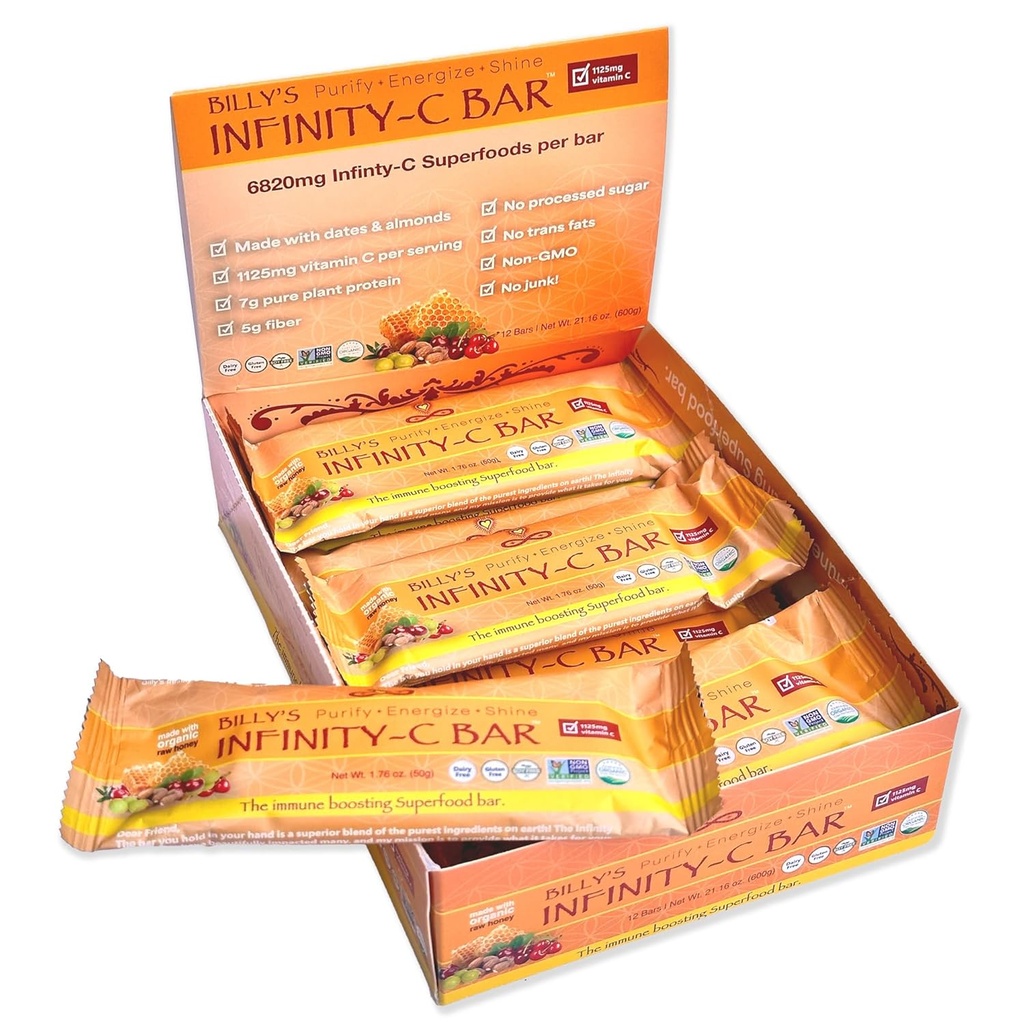 Infinity C Superfood Bars, Healthy Energy Bars with 1125 mg of Whole Food Vitamin C, Immune Boosting Plant Based Ingredients, Camu Camu, Acerola, Amla Powder, & Shilajit, Raw, Gluten Free, Non GMO