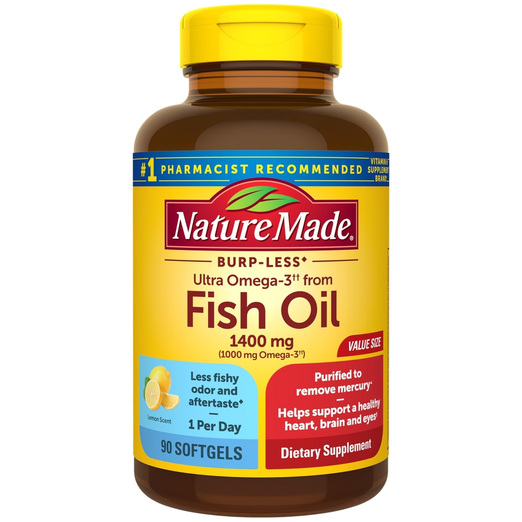 Nature Made Burp Less Ultra Omega 3 Fish Oil Supplements, 1400 mg Fish Oil Omega 3 Supplements as Ethyl Esters for Health Heart Brain Eyes Support, One Per Day, 90 Softgels