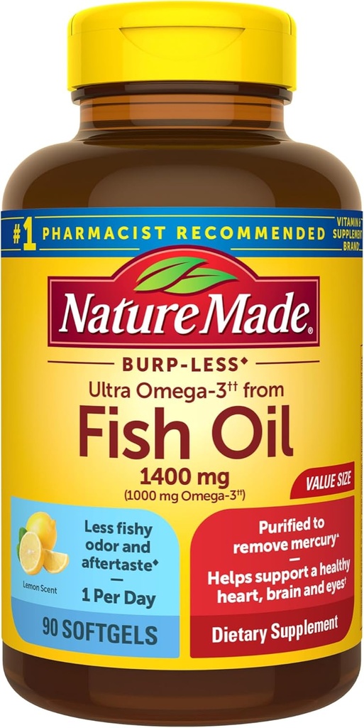 Nature Made Burp Less Ultra Omega 3 Fish Oil Supplements, 1400mg Fish Oil Omega 3 Συμπληρώματα ως Esters Αιθυλεστέρας για Υγιή Εγκέφαλος των ματιών Υποστήριξη, Ένα ανά ημέρα, 90 Softgels