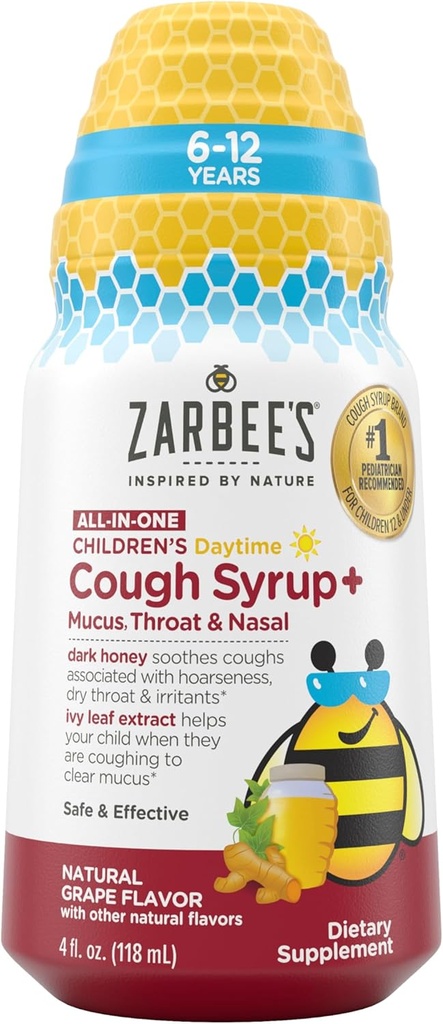 Zarbee's Children's Daytime All-in-One Honey Cough Syrup + Mucus, Throat & Nasal for Kids 6-12 + Dark Honey, Ivy Leaf Extract, çinko Turmeric Root, & B-Vitamins, Drug-Free, Grape, 4 fl ozzz