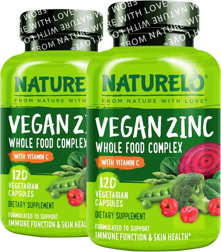 NATURELO Vegan Zinc Immune Support Capses - Ολόκληρο το σύμπλεγμα τροφίμων με βιταμίνη C για υγιές δέρμα, μαλλιά, και νύχια - 120 κάψουλες (πακέτο του 2)