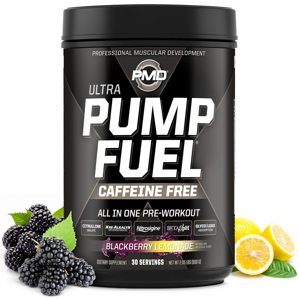 PMD Sports Pump Yakıt Ultra Caffeine Free - Premium Pre Workout Toz & Muscle Pump, Greater Focus, Endurance & Recovery, Premium Kreine, Arginine & Beta Alanine - BlackBerry Lemonade (30 hizmet)