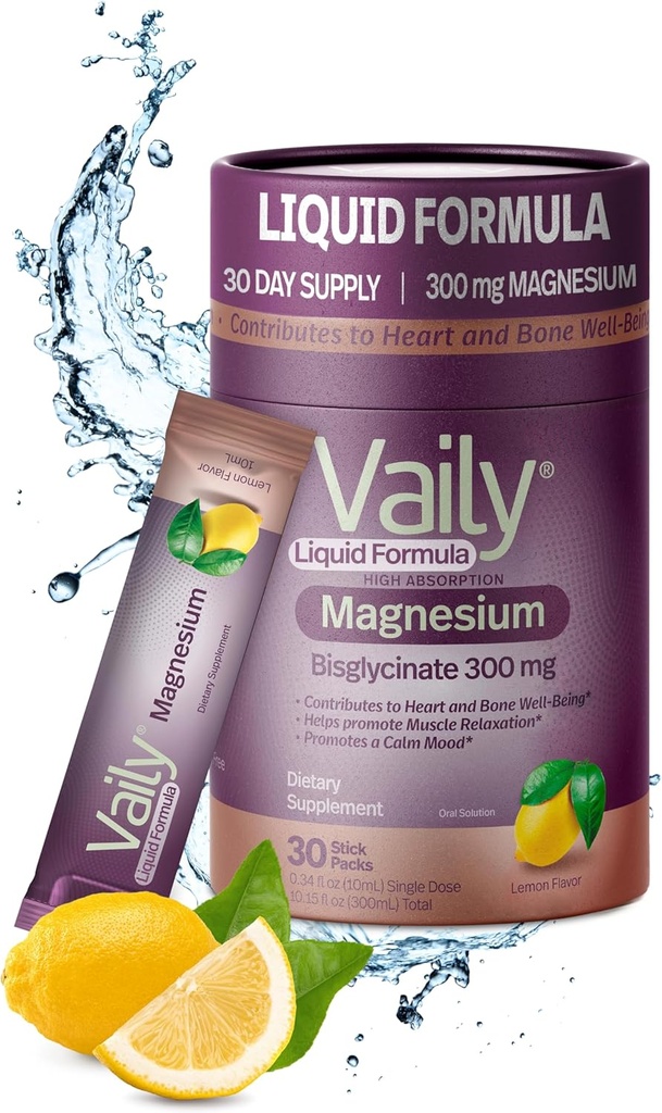 Vaily® Liquid Magnezyum Supplement 300 mg - Gelişmiş Aborpsiyon, Kalp ve Bone Health - Calm Restful Sleep - Sıvı Magnezyum Bisglycinate for Yetişkinler - Lemon Flavor,30PKK