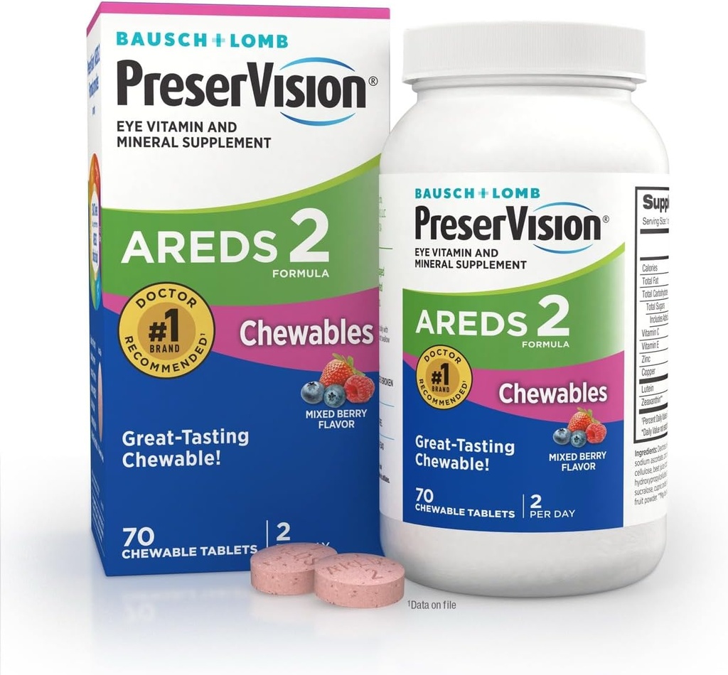 PreserVision AREDS 2 Eye Vitamins, #1 Eye Doctor Önerilen Brand, Chewable Lutein ve Zeaxanthin Supplement ile C, Vitamin E,Zinc ve Copper, Berry, 70 Tabletler