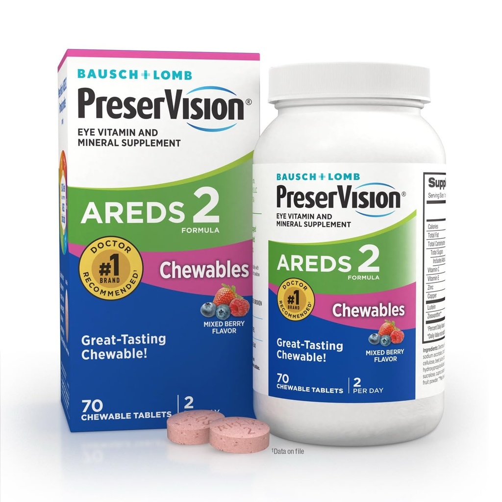 PreserVision AREDS 2 Eye Vitamins, #1 Eye Doctor Önerilen Brand, Chewable Lutein ve Zeaxanthin Supplement ile C, Vitamin E,Zinc ve Copper, Berry, 70 Tabletler