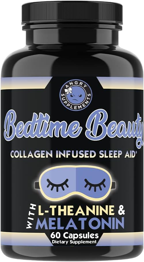 Bedtime Beauty, Collagen Infused Twilight Night Time Sleep Aid, All Natural Pills w. L-Theanine, Melatonin, Magnezyum & Hyaluronic Acid Natural Sleepy Girl Mocktail, 60 Capsules, 30 Serv