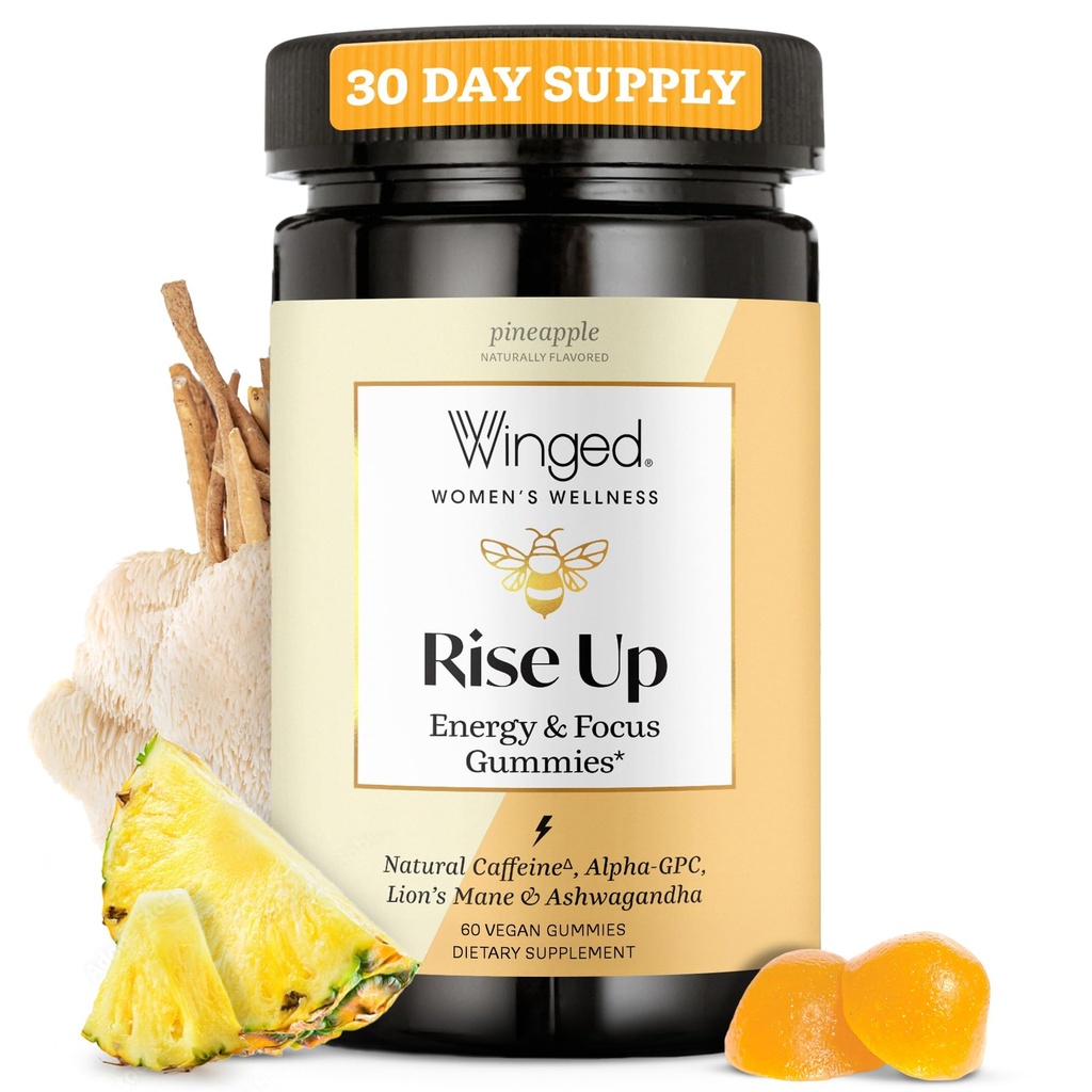 Winged Wellness Rise Up, Energy & Focus Gummies for Women - Daily Brain Boost Gummy Supplement with Natural Caffeine, Ashwagandha, B12, Nootropics Alpha-GPC & Lion’s Mane - Pineapple, 60 Gummies