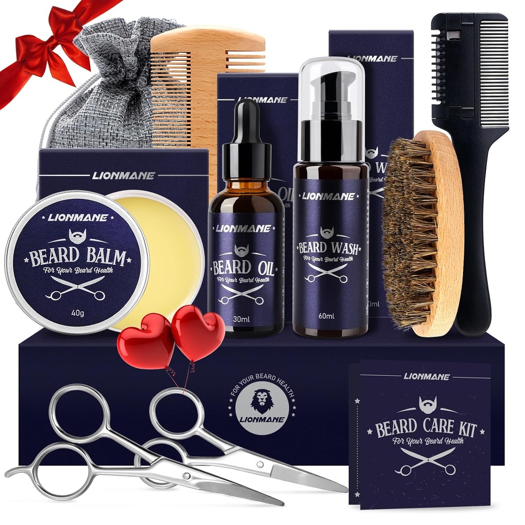 Lionmane Beard Care Christmas Gifts Kit για τους άνδρες, Beard Mustache Grooming Kit-Beard Balm, Beard Wash, Beard Oil, Brush, Ψαλίδι, Γενέθλια δώρα Ευχαριστιών για τον σύζυγο / φίλο / μπαμπά / Him