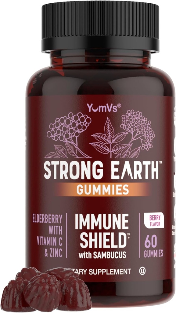Ισχυρή Γη Gummys Elderberry – Sambucus Elderberry Ανοσοποιητική Υποστήριξη με Βιταμίνη C & Ψευδάργυρο – Black Elderberry Gummies, Berry Flavor, Non-GMO, Gluten Free, Kosher – 60 Count