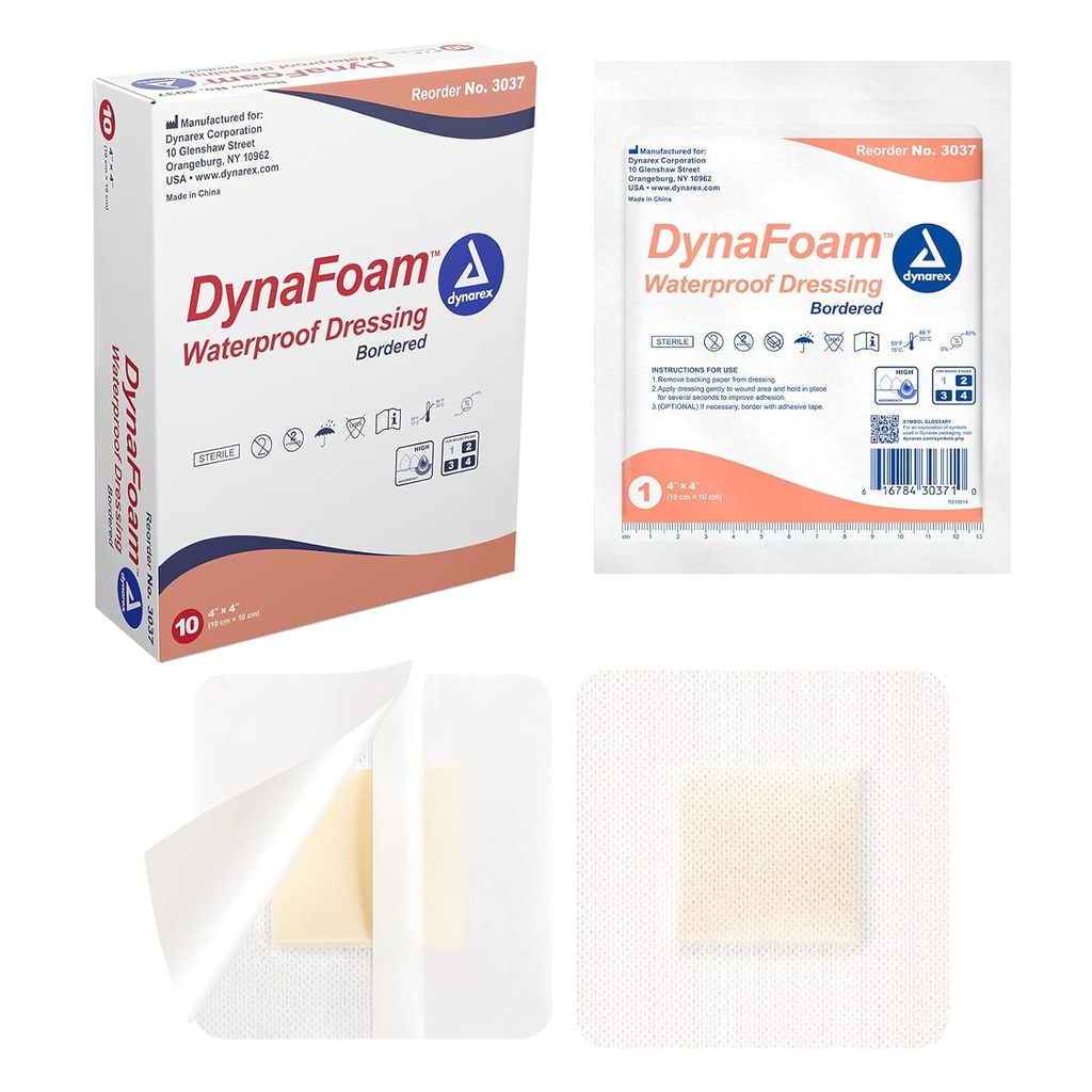 Dynarex Dynafoam Sınır Sulu Yapıştırıcı Köpük Yarası Bandage, 4" x 4", 10 Kont