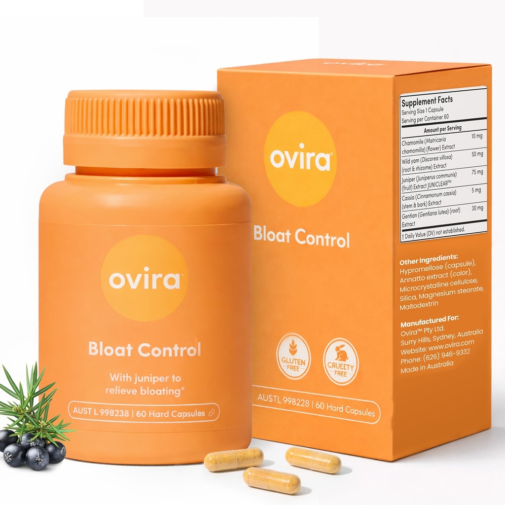 Ovira Bloat Control Supplement with JUNICLEAR - Gas ve Bloating Relief için 60 Capsules | Kadınlar ve Erkekler için Etkili Bir Deblos | Su Retention & Promosyon Sağlığı - 1 Paket