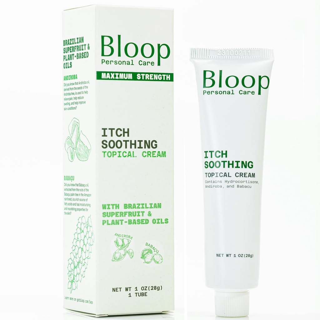 Bloop Anorectal Itch Soothing Cream with Hydrocortisone, Andiroba/Babacı Oils | Max. Strength for Rapid Itch Relief & Soğutma (1oz)