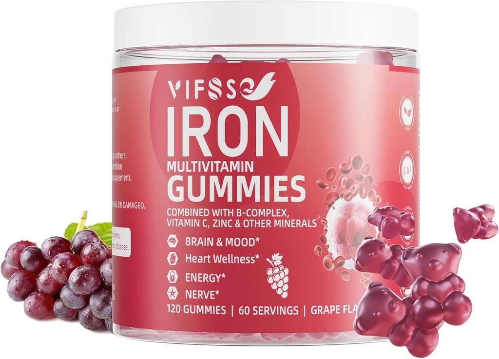 Iron Gummies Sugar Free, 120 Gummies Iron Supplement for Women Multivitamin with Iron, Vitamins & Zinc for Women, Men & Kids- Grape Flavor, Vegan Supplement, Folate for Energy- Όχι Μετά τη Γεύση
