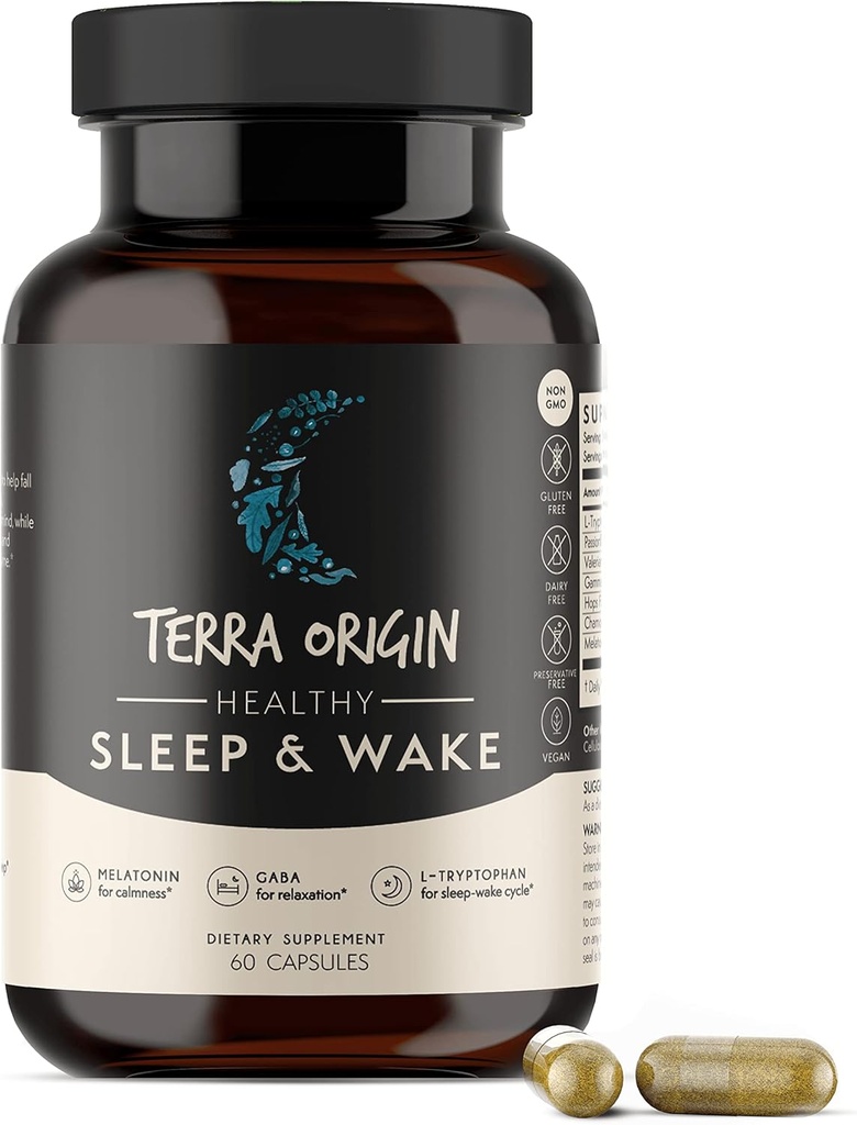 TERRA ORIGIN Sağlıklı Uyku ve Uyan | Doğal Uyku Yardımı Yetişkinler için Tamamlandı | Restful ve Awake Yenilendi | GABA, L-Tryptophan, Melatonin, Chamomile, Valerian, PassionFlower | 60 Capsules