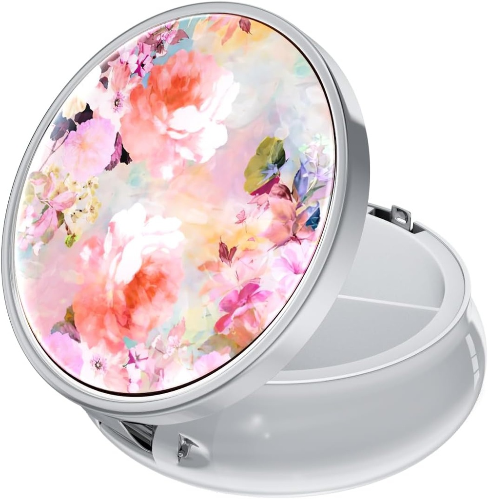 Rouidr Pill Box, 3 Karşılaştırmalı Tıp Pill Case, Small Metal Travel Medicine Box for Purse & Pocket, Silver, Watercolor Flower Flower