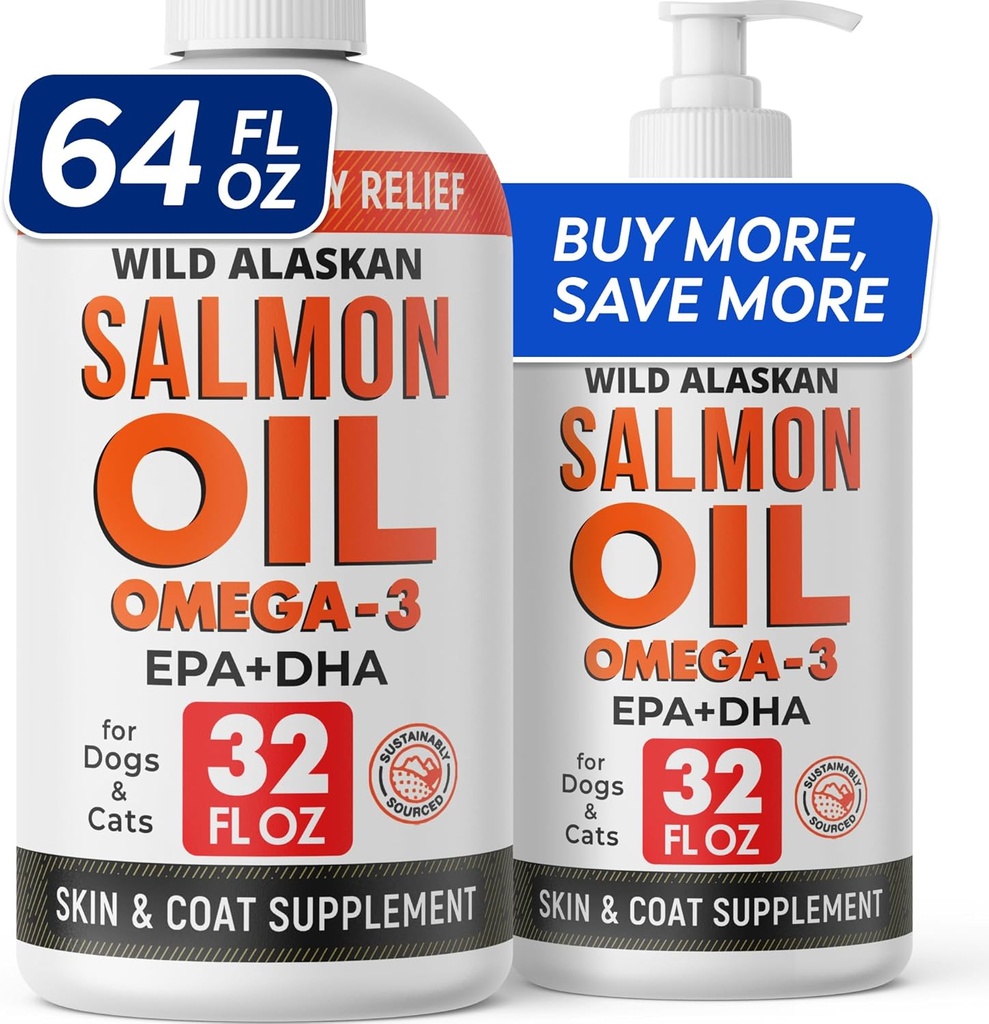 StrellaLab 64 OZ Salmon Oil for Dogs - Omega 3 for Dogs & Cats, Itch & Alerji Relief, Wild Alaskan Salmon Oil Dogs Skin & Coat, Dog Fish Oil Liquid, Shedding Supplement EPA & DHA Fatty Acids - 2Packs