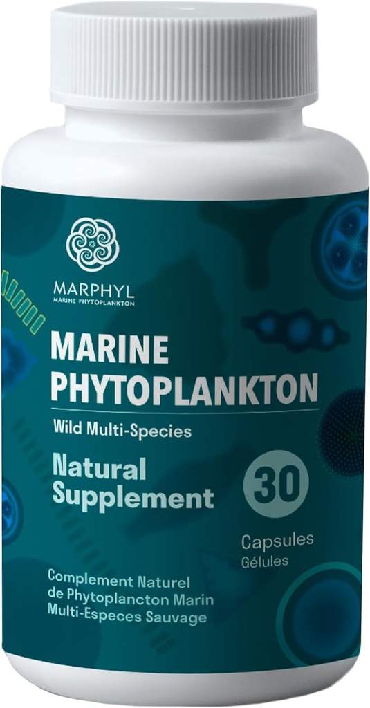MARPHYL Marine Phytoplankton Wild Multi Tür Doğal Supplement - Capsule başına 150 mg - Organik - 30 Vegan Capsules - Vancouver Adası, Kanada