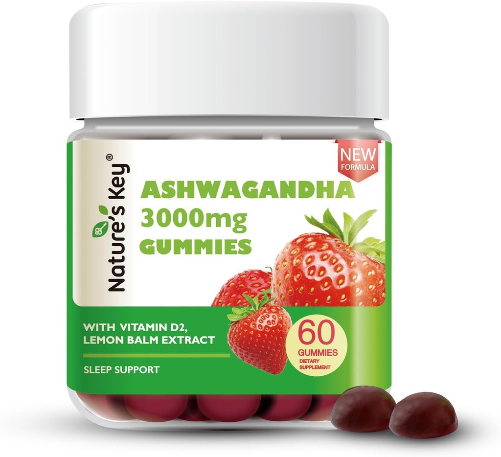Nature's Buy Keyd 2.0 Ashwagandha Gummies, 3000 mg Ekstra Potency Ashwagandha Supplement | with Vitamin D2, Lemon Balm, & Black Pepper ,for Stress Relief and Good Sleep (60 Count, Pack of 1)