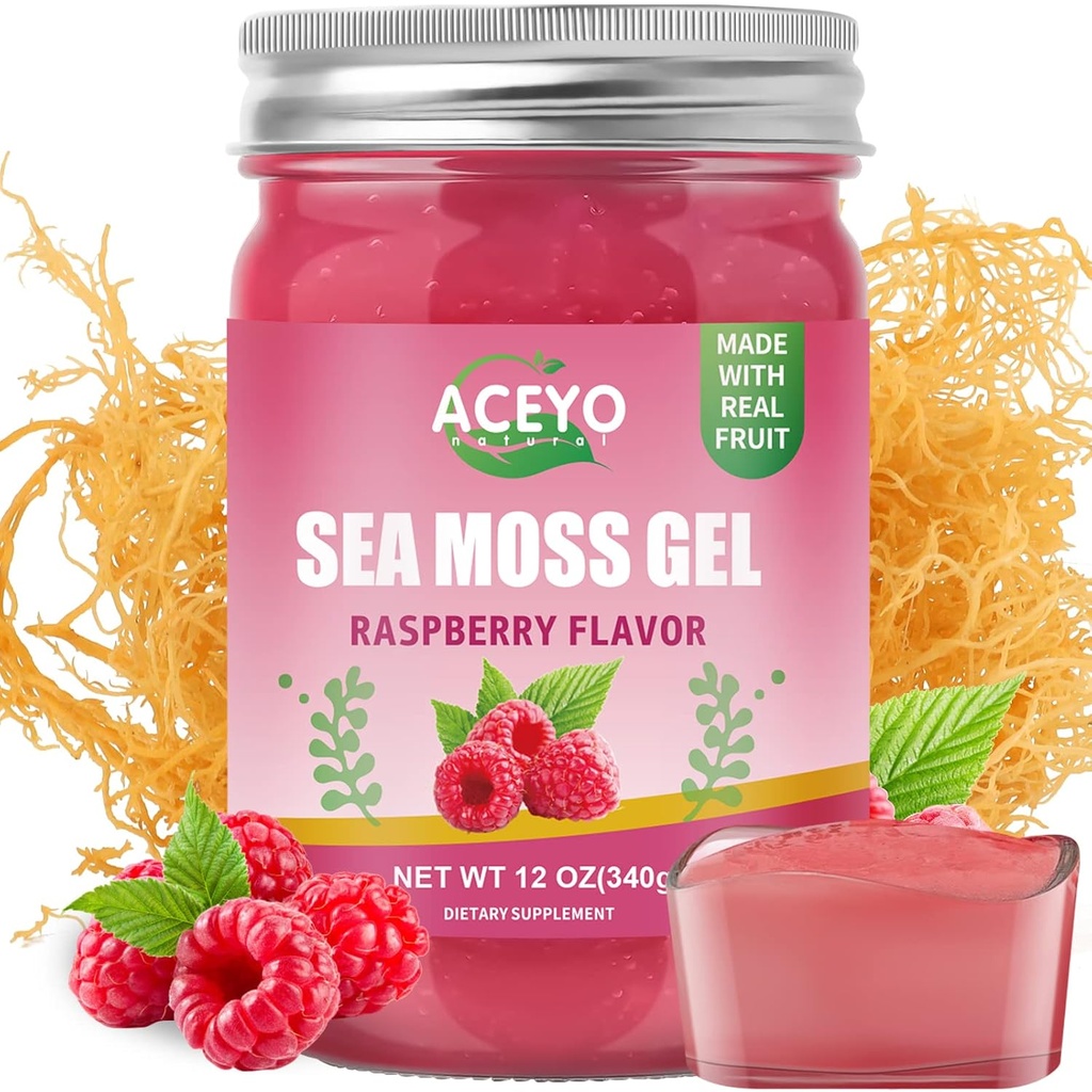 ACEYO (12 OZ) İrlandalı Deniz Moss Gel Organik Raw Vegan Raspberry Flavor 102 Vitamin ve Minerals Wild Harvested Non-GMO Immune Defense Alert Yourroid Digestive Support Support