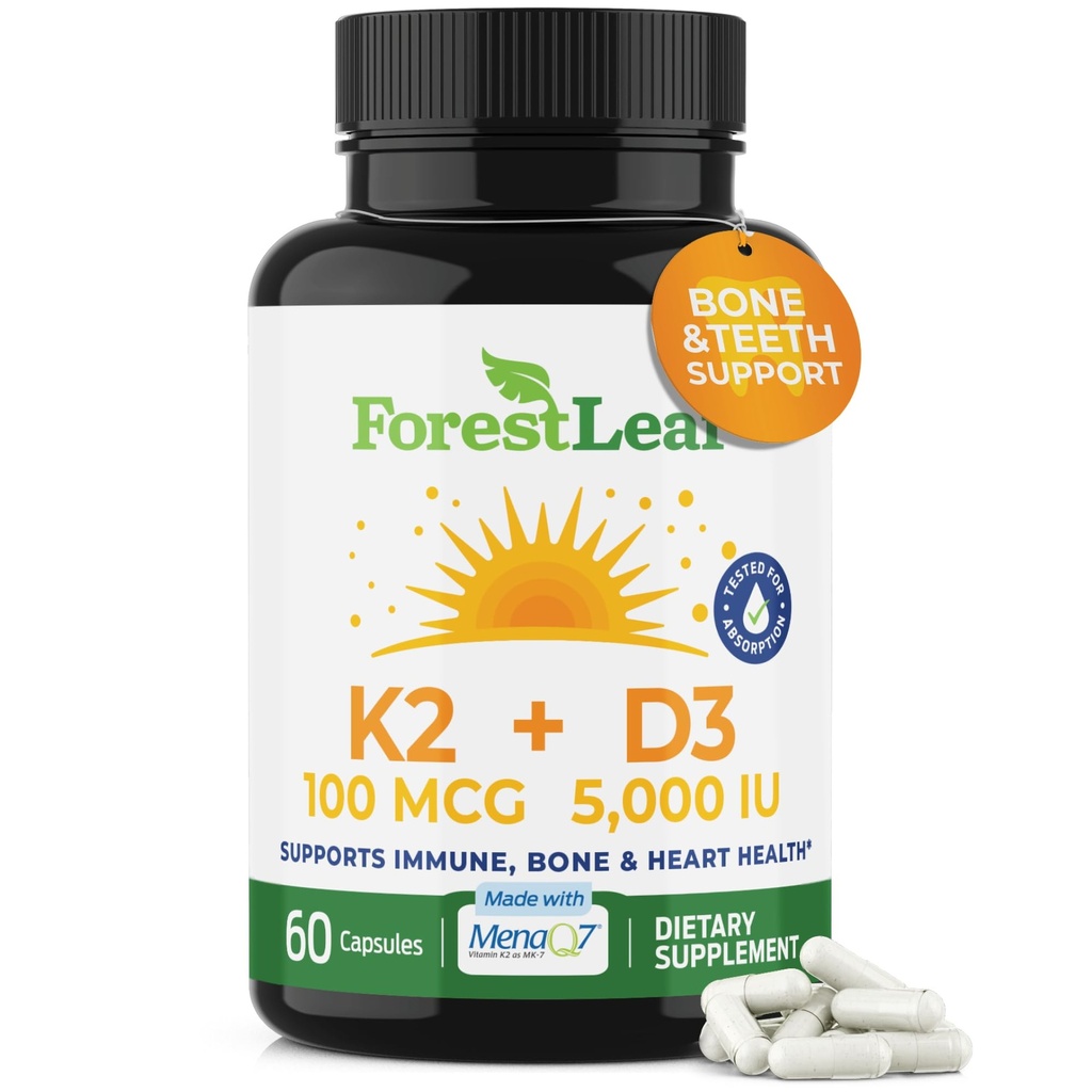 ForestLeaf Vitamin D3 + K2 (MK7) Συμπλήρωμα - MenaQ7 - Ασβέστιο και Βιταμίνη D3 5000 IU Μέγιστη Απορρόφηση - Δόντια και Οστική Δύναμη, Υγεία της Καρδιάς, Υποστήριξη ανοσοποιητικού συστήματος - Κάψουλες 60 Veggie