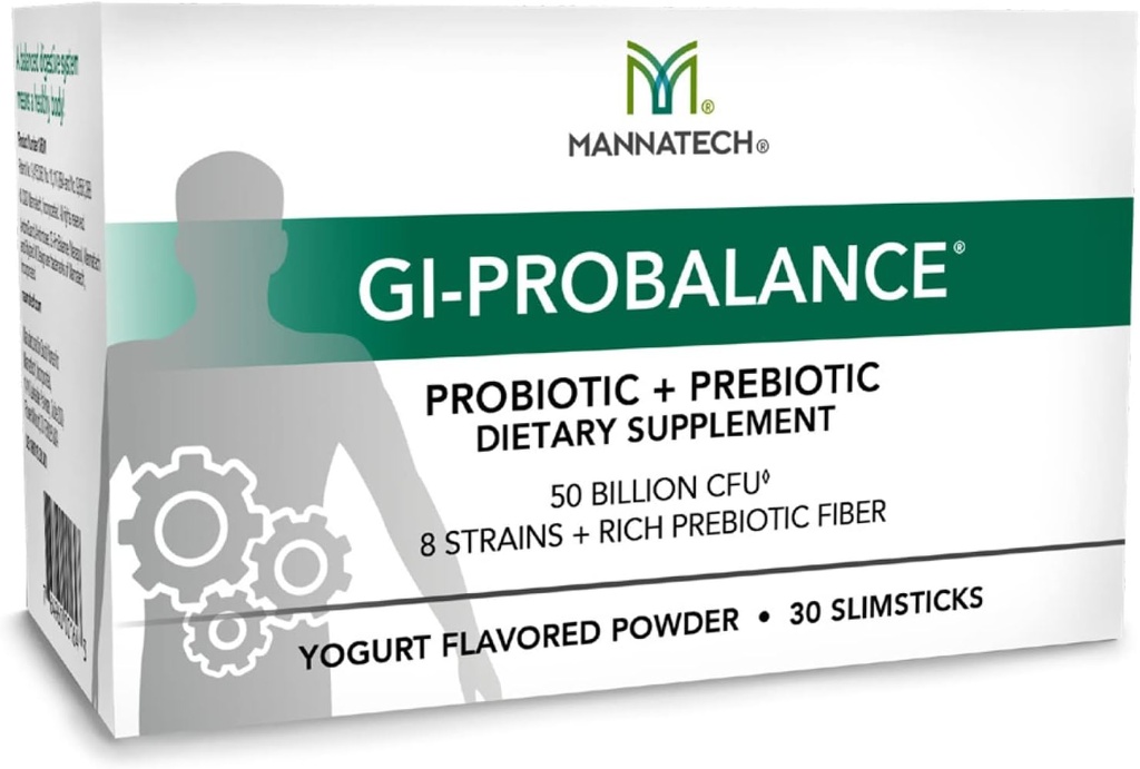 Mannatech Prebiotics and Probiotics, 30 Slimsticks, Yogurt Flavor, GI-ProBalance w/MannaBiotic Blend, Pre and Probiotics Powder for Gut Health, w/ 8 Strains, Rich Prebiotic Fiber & 50 Billion CFU
