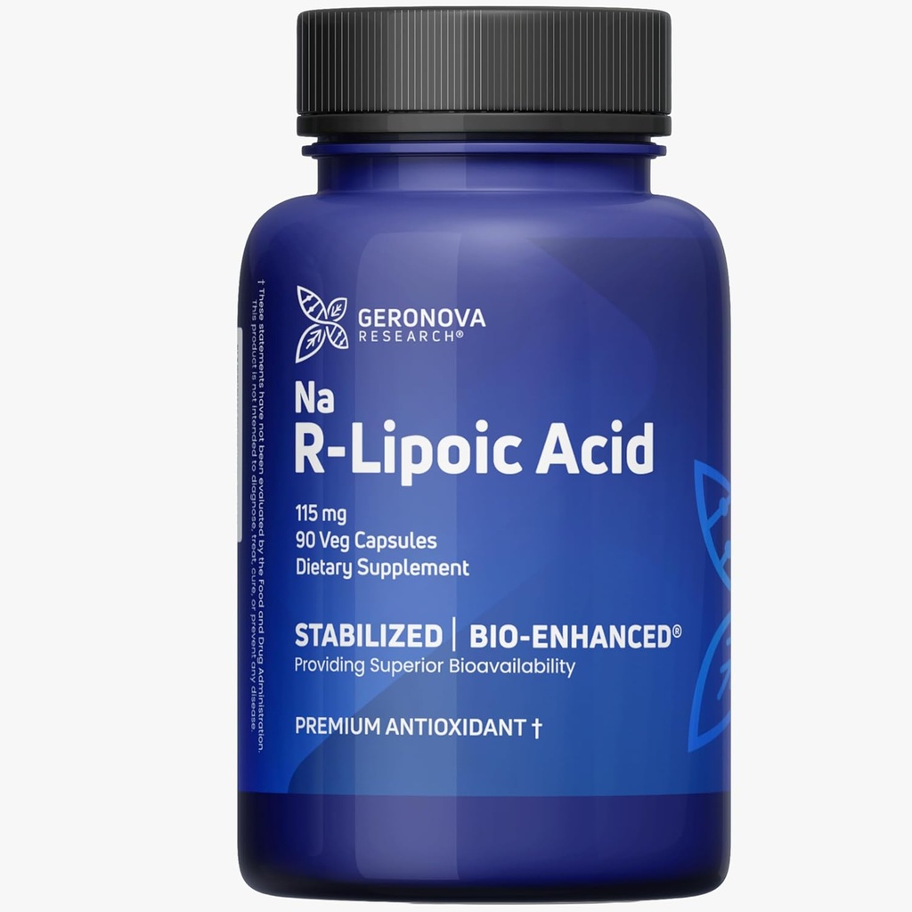 Geronova Research Bio-Enhanced R-Lipoic Acid, 115 mg Capsules - 3 Ay Supply - Geliştirilmiş Aborpsiyon ile Stabilize R Alfa Lipoic Asit - R Lipoic Acid Supplement - 90 Count