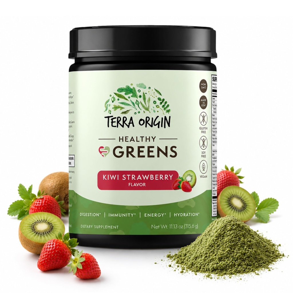 TERRA ORIGIN Super Greens Powder | Greens Superfood Powder with Probiotics, Enzymes & Spirulina | Vegan, Non-GMO, Gluten Free | Gut Health, Immunity & Bloating Relief | 30 Servings Kiwi Strawberry