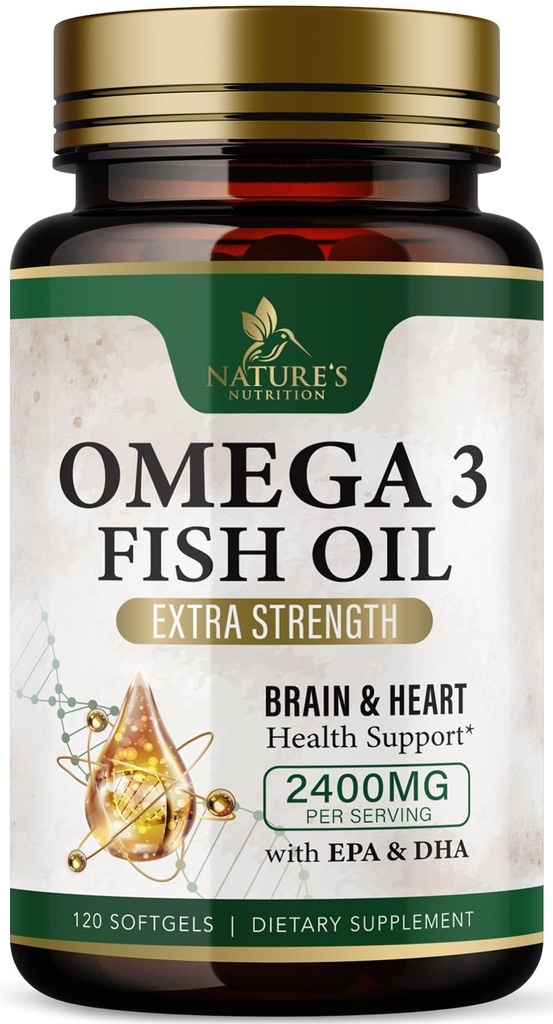 Omega 3 Fish Oil Supplements 2400 mg - Triple Strength Omega3 - EPA & DHA Essential Fatty Acids - Natural Immune, Brain & Heart Health Support - Burpless, Lemon Flavor, Wild Caught - 120 Softgels