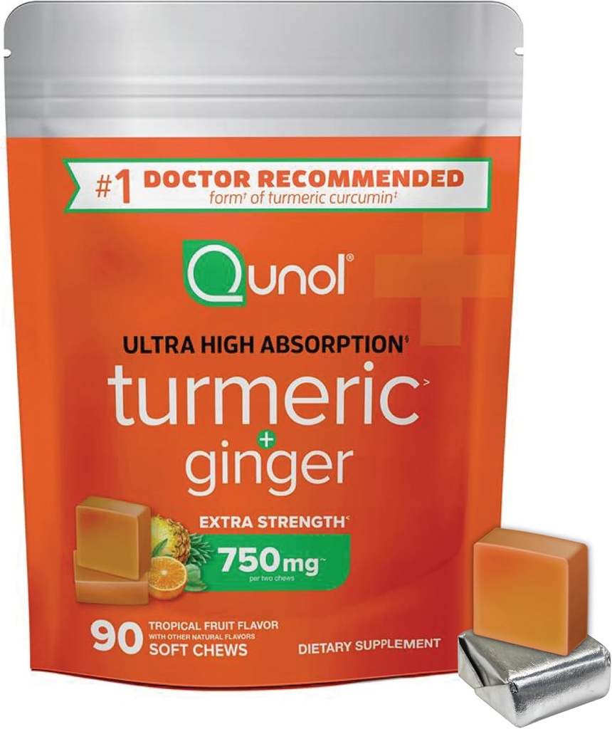 Qunol Turmeric ve Ginger Soft Chews, 750 mg Turmeric Supplement, Ultra High Abception to Support Joint Health, 90 Count Count Count