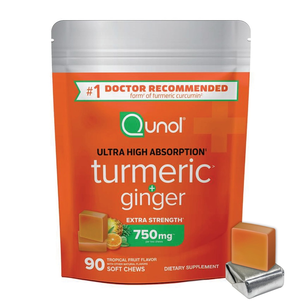 Qunol Turmeric ve Ginger Soft Chews, 750 mg Turmeric Supplement, Ultra High Abception to Support Joint Health, 90 Count Count Count