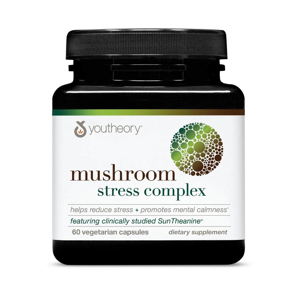 Youtheory Mushroom Stress Complex, Βιολογικό πλήρες Spectrum Mushrrom με L-Θεανίνη, Βοήθεια για τη μείωση του στρες και την προώθηση της ψυχικής ηρεμίας, 60 κάψουλες χορτοφάγων