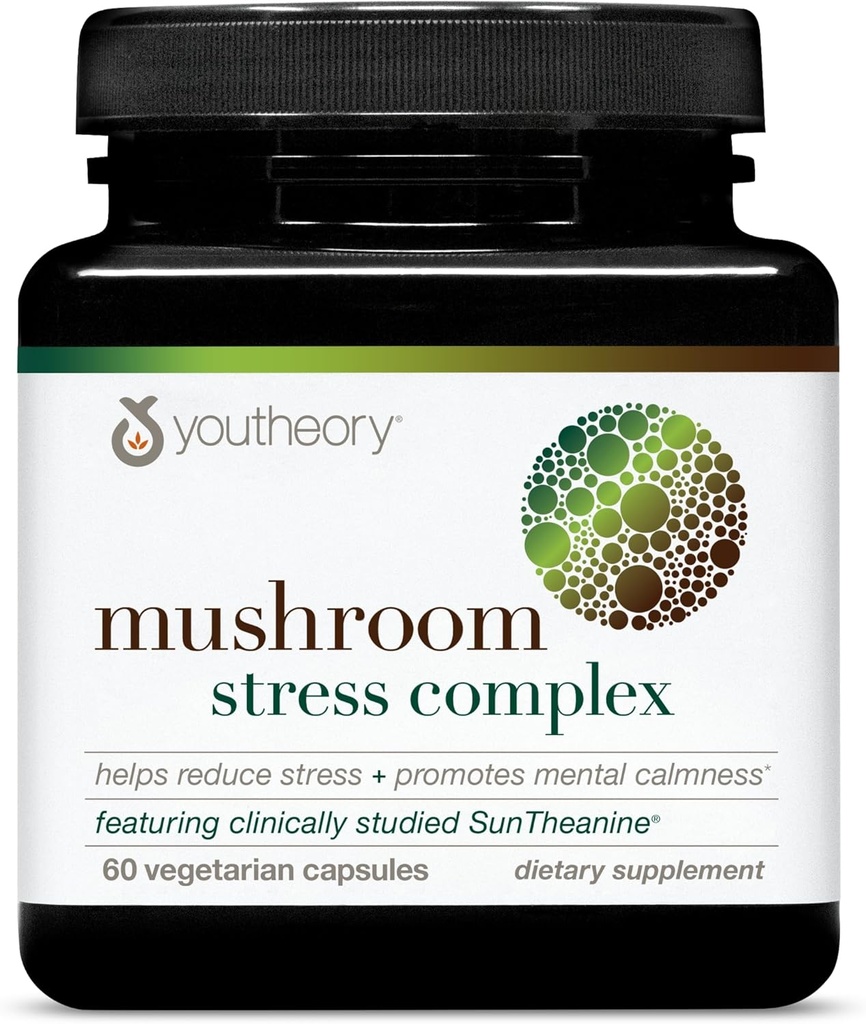 Youtheory Mushroom Stress Complex, Βιολογικό πλήρες Spectrum Mushrrom με L-Θεανίνη, Βοήθεια για τη μείωση του στρες και την προώθηση της ψυχικής ηρεμίας, 60 κάψουλες χορτοφάγων