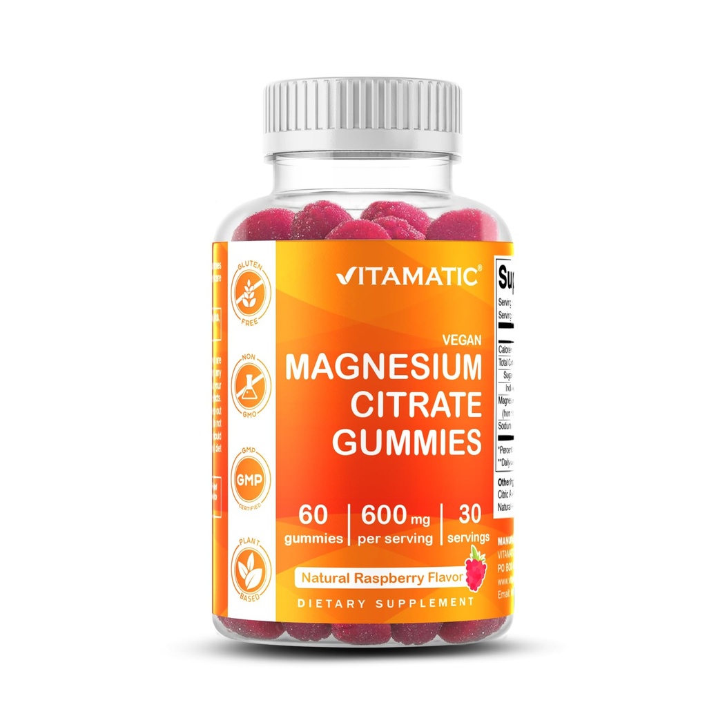 Vitamatic Magnesium Gummies 600mg ανά υπηρεσία – 60 Vegan Count for Relaxation, Muscle, Bone, and Energy Support