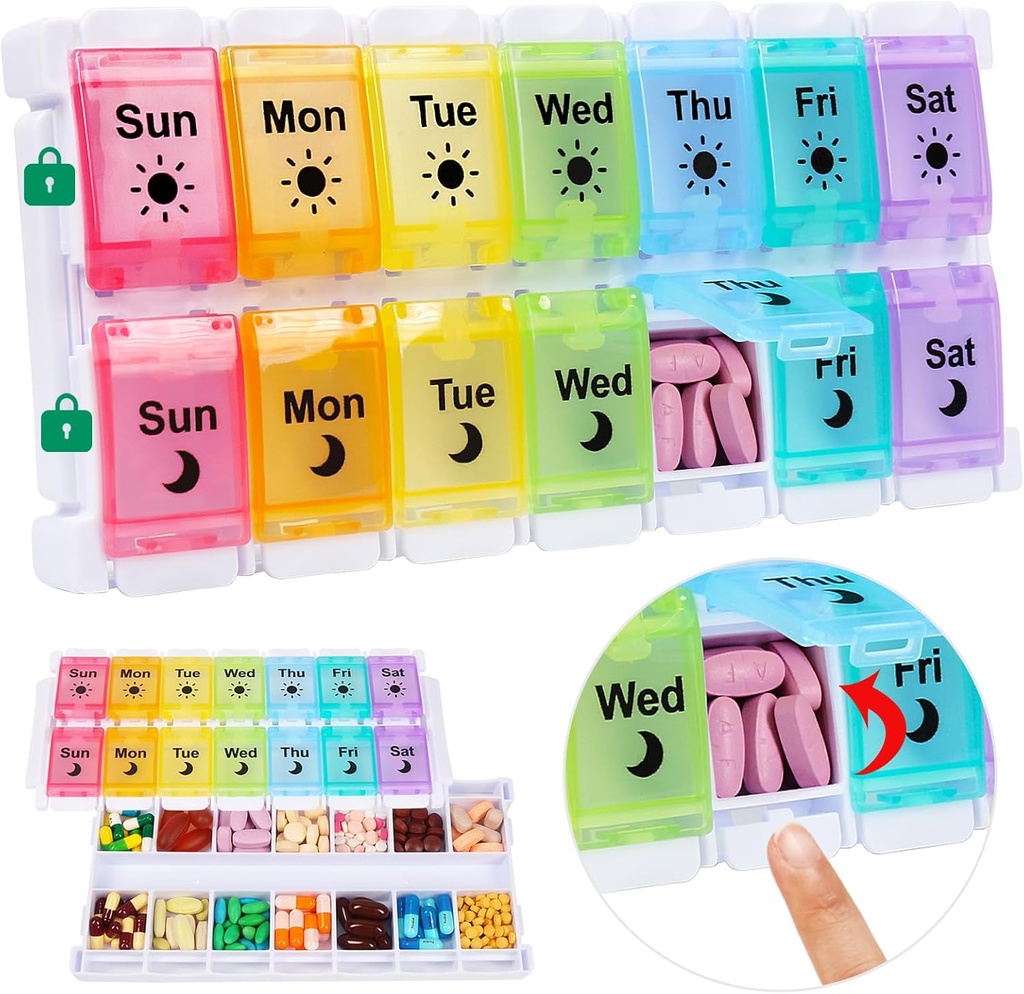 Shintop Am Pm Pill Organizer 7 Gün, Push Button Weekly Pill Box 2 Times a Day Easy Fill Pill Holder Day Night Vitamin Case for Drugs Fish Oil Supplements (Rainbow)