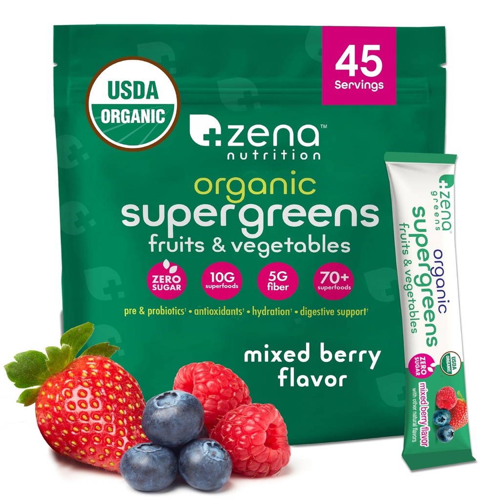 Zena Nutrition Organic Super Greens Toz, 70+ Superfoods, 0 Sugar, 5G Fiber, Spirulina, Chlorella, Antioksis, Prebiyotiks/Probiyotiks, Digestive Enzymes, Karma Berry, 45 İçecek Mixets