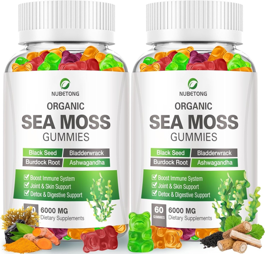 NUBETONG Irish Sea Moss Gummies 6000 mg with Bladderwrack and Burdock Root - Natural Irish Seamoss Supplement for Thyroid, Energy, Immune Support - Ekstra Kuvvet, Great Tasting - Gluten-Free, Vegan