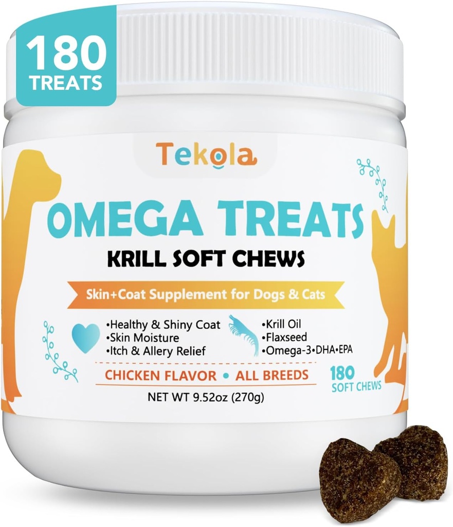 180 Chews Omega 3 for Dogs & Cats - Krill - Skin and Coat Supplement Supplement - Kuru & Itchy Skin Relief - Alerji Yardım - Shiny Coats - No Shedding - EPA & DHA, Vitaminler ve Mineraller - Tavuk Flavor